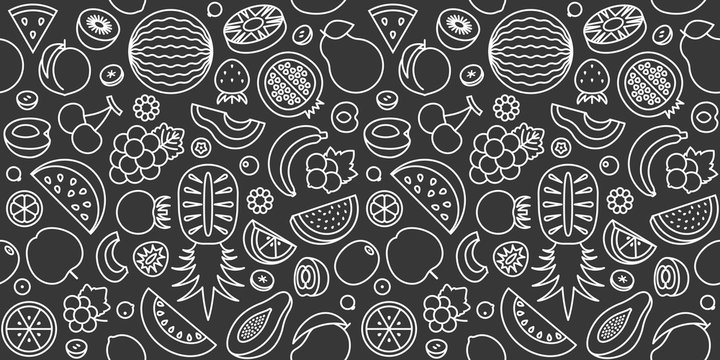 seamless pattern of fruits in outline icon, black and white vector