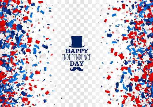 USA Happy Independence Day festive seamless design background with scatter papers, stars in traditional American colors - red, white, blue. Isolated.