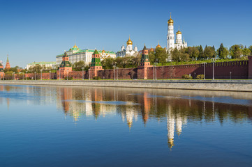 Fototapeta na wymiar Morning view of Moskva River, embankments, Kremlin Towers in Moscow, Russia.