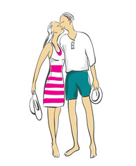 Young couple in swimsuit - standing, hugging, kissing.