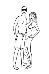 Young couple in swimsuit - standing , hugging, smiling.