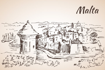 Malta island old buildings sketch. - obrazy, fototapety, plakaty