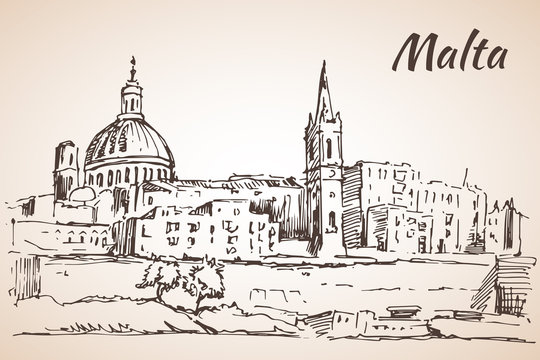 Malta island old buildings sketch.