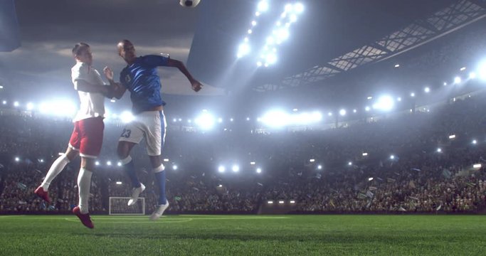 4k footage of a soccer player in dramatic play during a soccer game on a professional outdoor soccer stadium. Players wear unbranded uniform. Stadium and crowd are made in 3D.