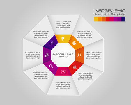 Runde Infografik mit Beispielen f&uuml;r Pr&auml;sentationen, Schritt f&uuml;r Schritt Darstellung eines Ablaufs