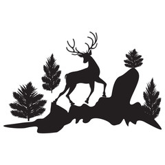 Silhouette running deer trees cliffs black isolated on white background - art abstract creative modern vector illustration