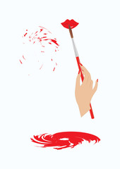 Red lips, tassel, female hand, brush stroke, watercolor, spray, art creative modern vector illustration, isolated on white background .Element design. Beauty saloon.