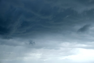 Naklejka na ściany i meble Landscape with bad weather with storm sky with many heavy deep dark rainy clouds