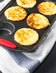 Cottage cheese muffins with eggs, healthy diet food, soft focus, vertical
