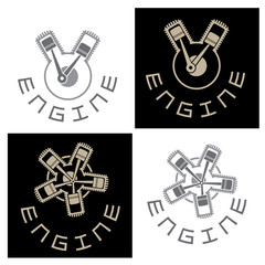Illustration consisting of four images of the engine in a section, in the form of a logo