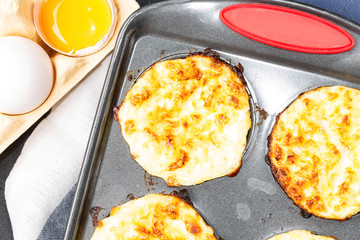 Cottage cheese muffins with eggs, healthy diet food, soft focus, horizontal
