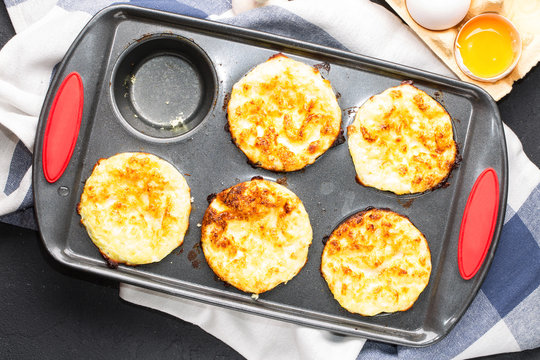 Cottage cheese muffins with eggs, healthy diet food, soft focus, horizontal
