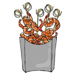 Shrimp on Wood Stick, Prawn Kebab, Seafood BBQ, Canapes in Paper Box. Sea Fast Food in Package. Vector Illustration Isolated On a White Background. Realistic Hand Drawn Doodle Style Sketch.