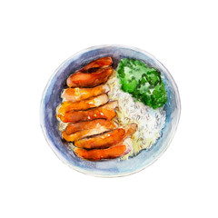 Chicken teriyaki with rice and vegetables, watercolor illustration isolated on white background.