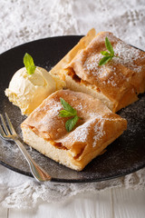 Homemade cheese strudel with vanilla ice cream close-up on a plate on a table. Vertical 