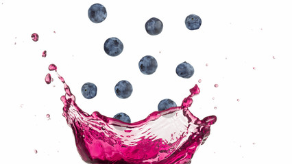 blueberries falling into a splashing purple juice - obrazy, fototapety, plakaty