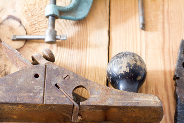 Carpentry tools on a wooden table top