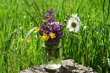 Obraz na płótnie Canvas A bouquet of wild flowers and sprigs of lilac in a glass jar on the background of green grass
