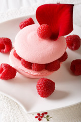 Festive macaroon with raspberry and rose petal close-up on a plate. vertical