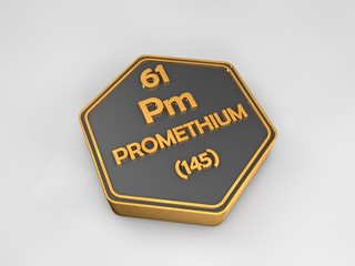 promethium - Pm - chemical element periodic table hexagonal shape 3d render