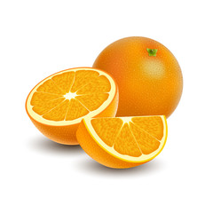 Isolated colored group of orange, slice, half and whole juicy fruit with shadow on white background. Realistic citrus.