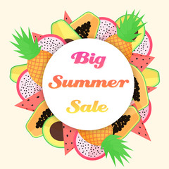 Vector tropical fruit big summer sale template. Includes watermelon, dragon fruit, papaya, avocado and pineapple.