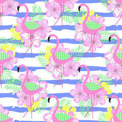 Tropical seamless pattern with pink flamingo, flowers and palm leaves. Vector illustration.