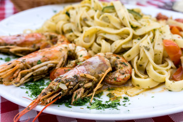 Pasta with Shrimp Dinner Dish on a the table