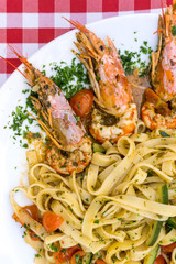Pasta with Shrimp Dinner Dish on a the table