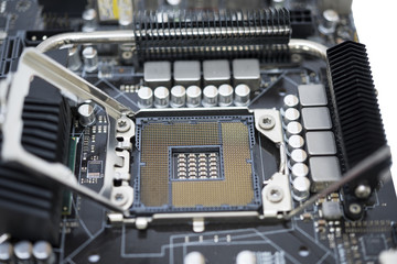 Fototapeta premium Tecnology socket LGA 1366 for cpu on motherboard computer with chip set
