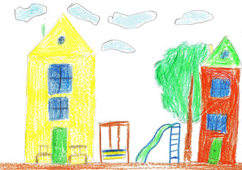 Child's drawing. House, trees and bench