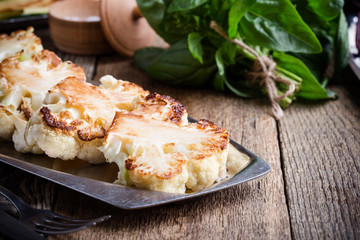 Roasted organic cauliflower steak on wooden board
