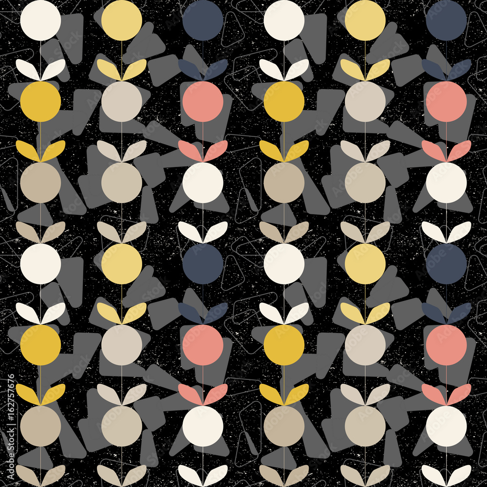 Aufkleber Modern vector abstract seamless geometric pattern with stylized flowers and leaves in retro scandinavian style.