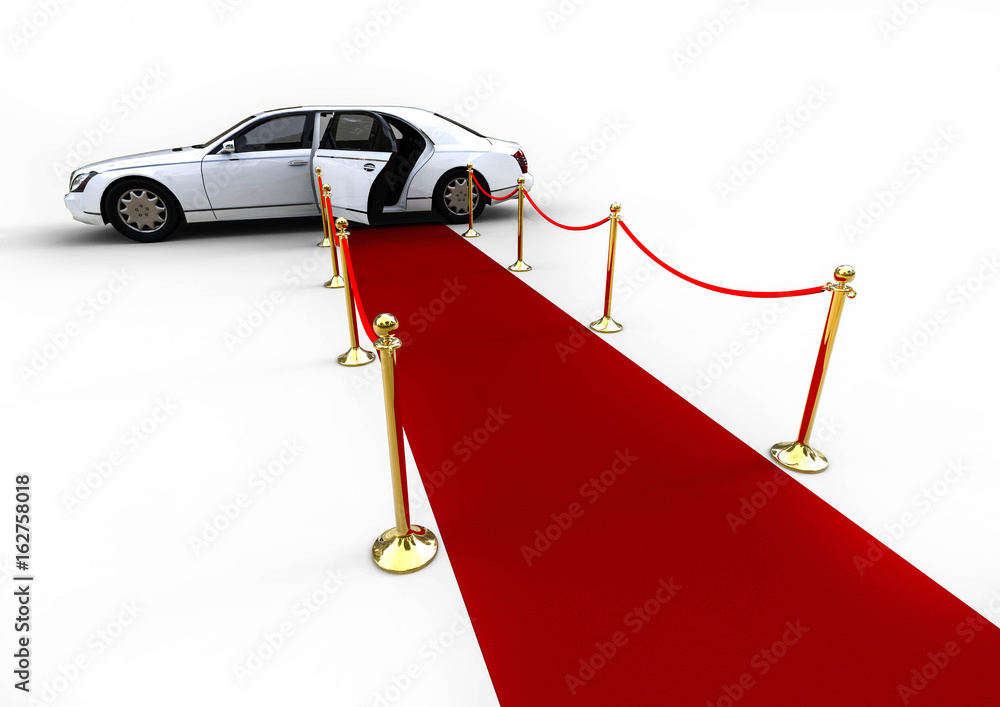 Poster waiting white limousine / 3d render image representing an white high class limousine with a open doo
