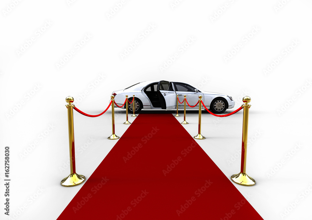 Poster waiting white limousine / 3d render image representing an white high class limousine with a open doo