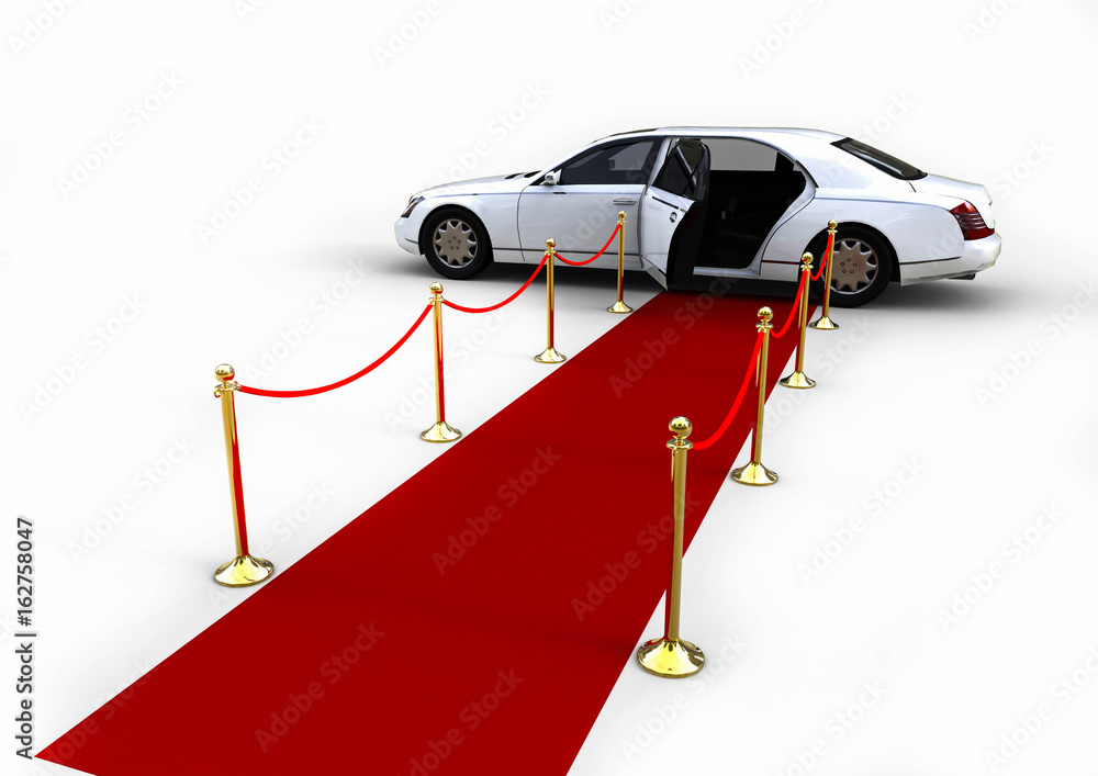 Poster waiting white limousine / 3d render image representing an white high class limousine with a open doo