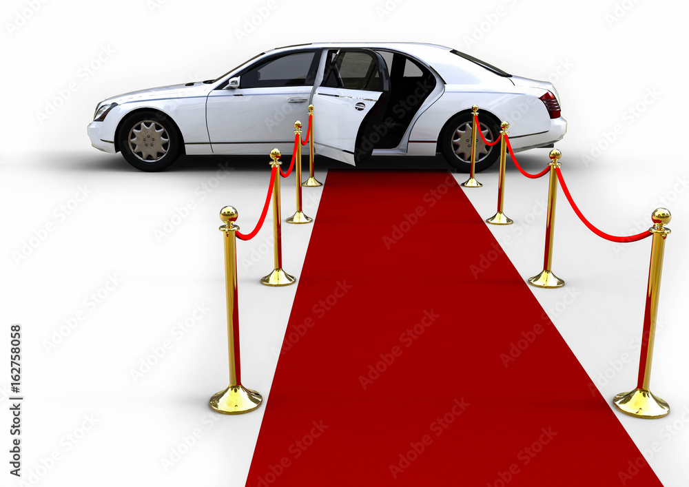 Poster waiting white limousine / 3d render image representing an white high class limousine with a open doo