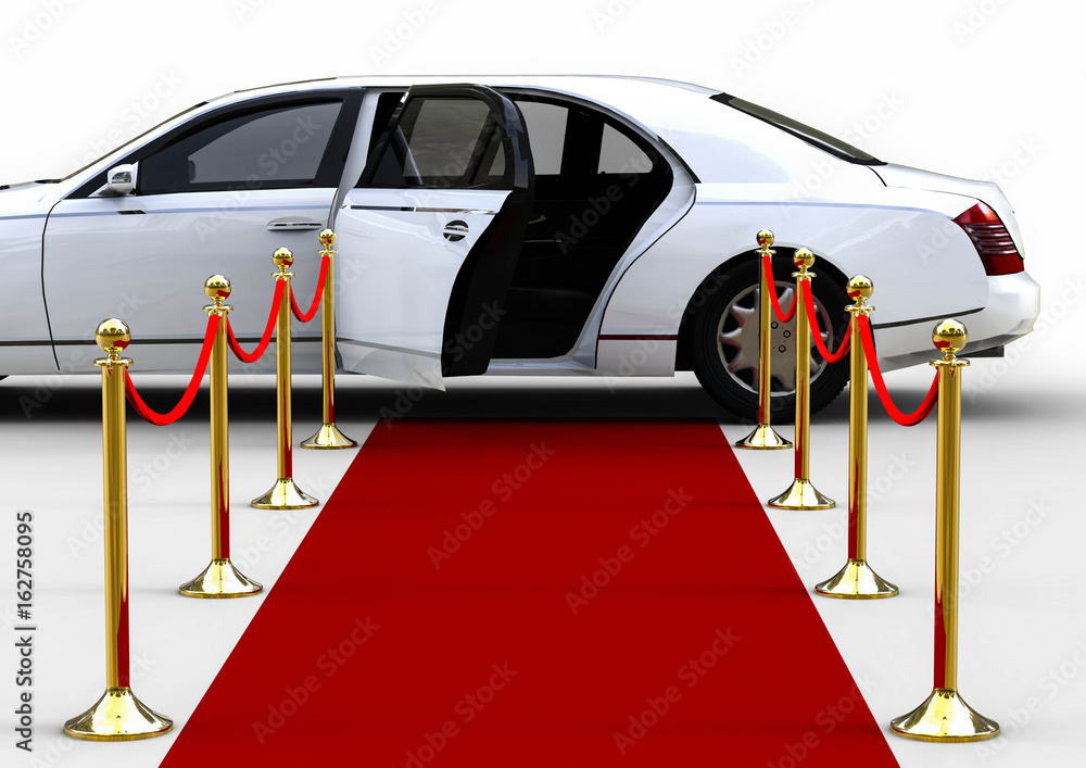 Poster waiting white limousine / 3d render image representing an white high class limousine with a open doo