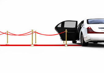 Waiting white limousine  / 3D render image representing an white high class limousine with a open door waiting at the end of a red carpet - obrazy, fototapety, plakaty