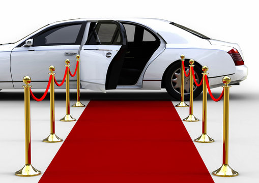Waiting white limousine  / 3D render image representing an white high class limousine with a open door waiting at the end of a red carpet