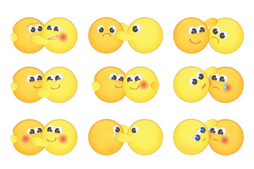 Set of cute hugging, comfort couple emoticons with big eyes.