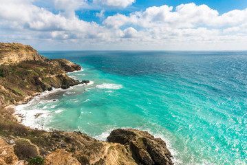 Summer day landscape with the sea and mountains.