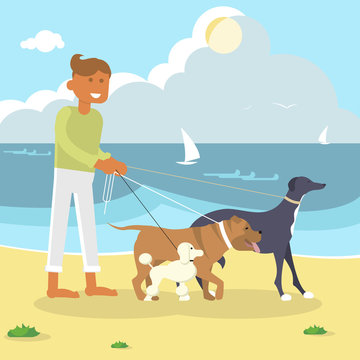 Young man professional Dog Walker Exercising Dogs on the sea beach. Flat Cartoon Character of pet and his owner. Colorful Vector Illustration eps 10