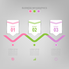 Infographic template of three steps on squares, tag banner, work sheet, flat design of business icon, vector