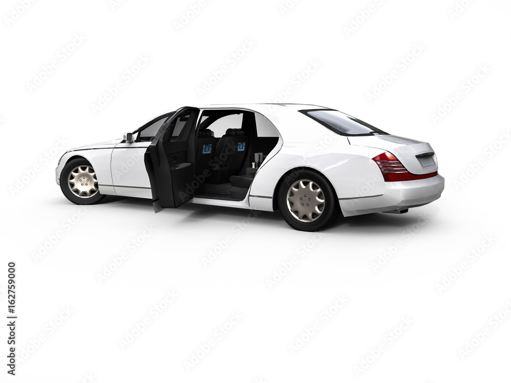 Poster white high class limousine / 3d render image representing an white high class limousine