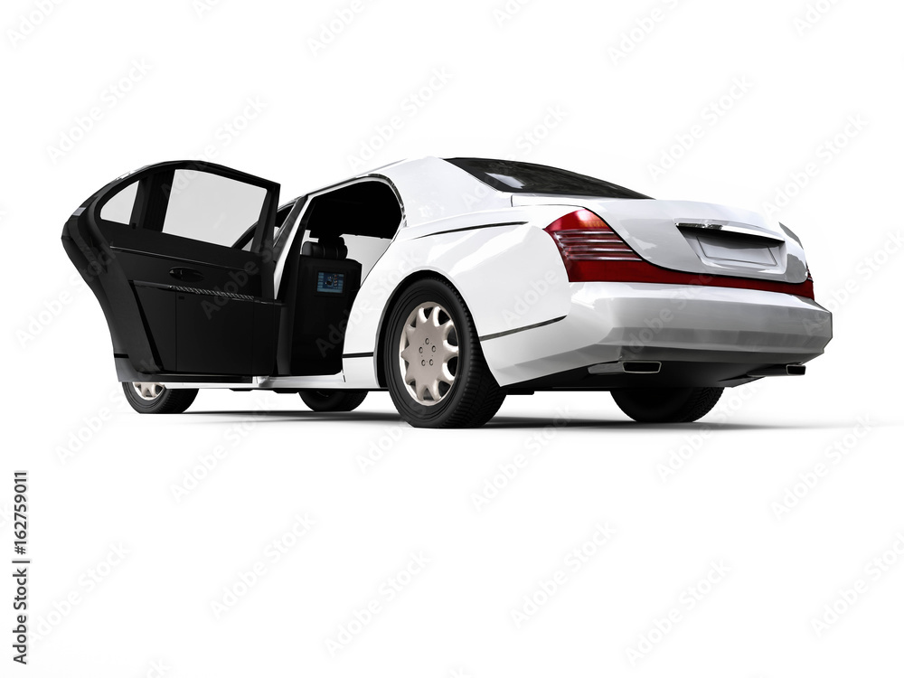 Poster white high class limousine / 3d render image representing an white high class limousine