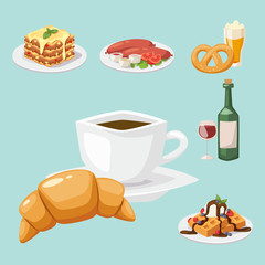 European tasty food cuisine dinner food showing delicious elements flat vector illustration.