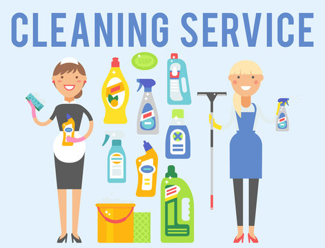 Cleanser woman chemical housework product care wash equipment cleaning liquid flat vector illustration.