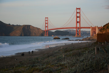 View of Golden Gate bridge from Baker beach in San Francisco