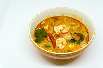Home Made River prawn spicy soup in bowl or Tom Yum Kung. thai spicy food. with copy space